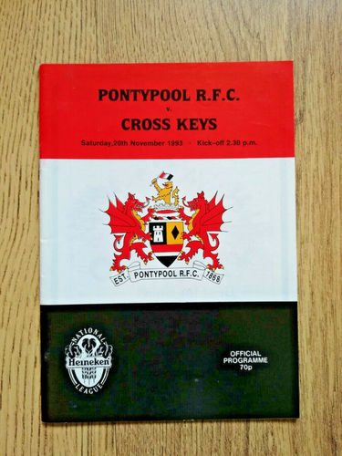 Pontypool v Cross Keys Nov 1993 Rugby Programme