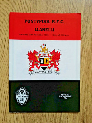 Pontypool v Llanelli Nov 1993 Rugby Programme