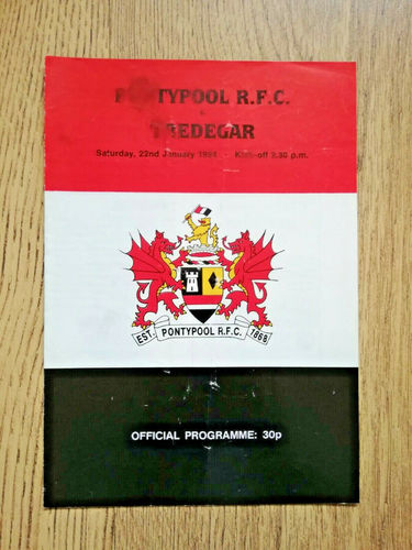 Pontypool v Tredegar Jan 1994 Rugby Programme