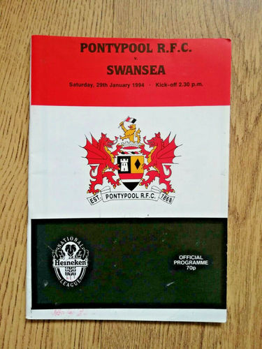 Pontypool v Swansea Jan 1994 Rugby Programme