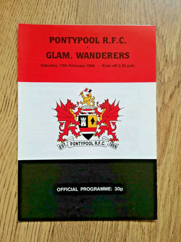 Pontypool v Glamorgan Wanderers Feb 1994 Rugby Programme