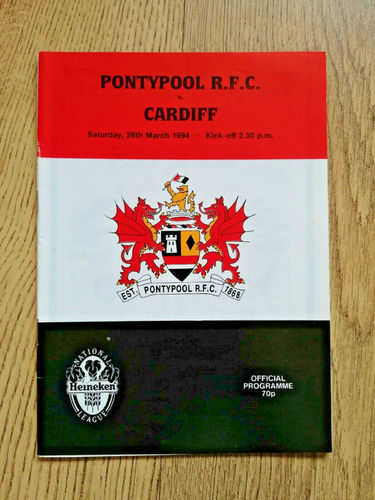 Pontypool v Cardiff Mar 1994 Rugby Programme
