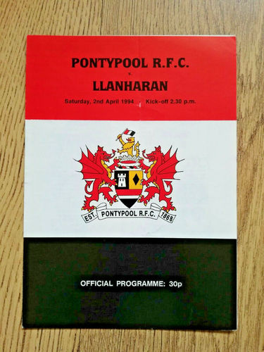 Pontypool v Llanharan Apr 1994 Rugby Programme