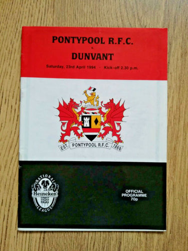 Pontypool v Dunvant Apr 1994 Rugby Programme