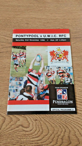 Pontypool v UWIC Nov 1996 Rugby Programme