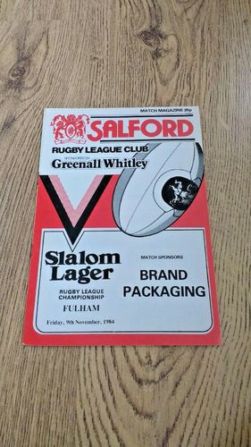 Salford v Fulham Nov 1984 Rugby League Programme