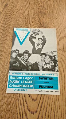 Swinton v Fulham Oct 1982 Rugby League Programme