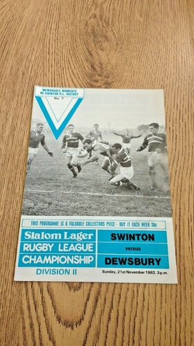 Swinton v Dewsbury Nov 1982 Rugby League Programme