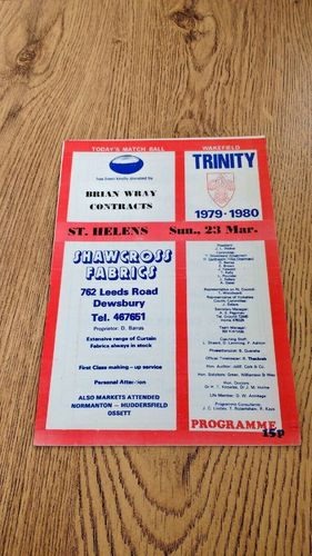 Wakefield Trinity v St Helens Mar 1980 Rugby League Programme