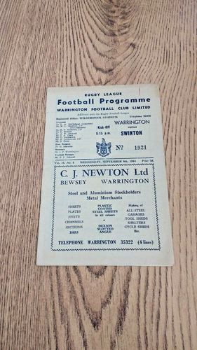 Warrington v Swinton Sept 1964 Rugby League Programme