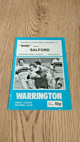 Warrington v Salford Nov 1977 JP Trophy Rugby League Programme