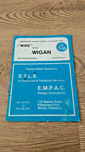 Warrington v Wigan Jan 1978 Rugby League Programme