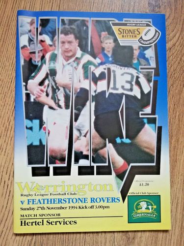 Warrington v Featherstone Rovers Nov 1994 Rugby League Programme