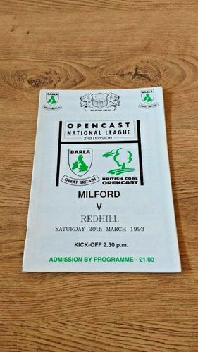 Milford v Redhill Mar 1993 Rugby Programme
