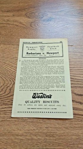 Newport v Barbarians Apr 1954 Rugby Programme