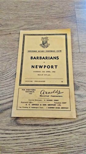 Newport v Barbarians Apr 1962 Rugby Programme