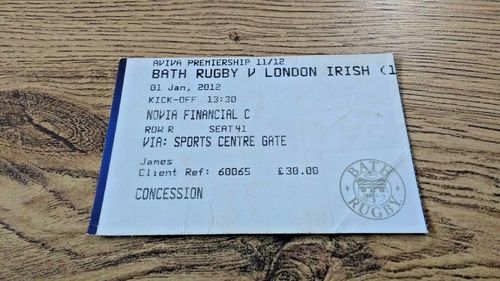 Bath v London Irish Jan 2012 Used Rugby Ticket