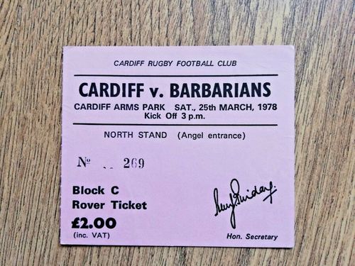 Cardiff v Barbarians 1978 Used Rugby Ticket