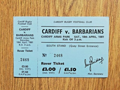 Cardiff v Barbarians 1981 Used Rugby Ticket