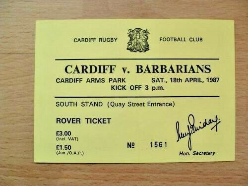 Cardiff v Barbarians 1987 Used Rugby Ticket