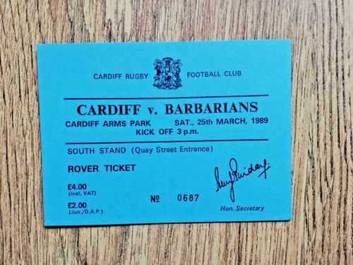 Cardiff v Barbarians 1989 Used Rugby Ticket