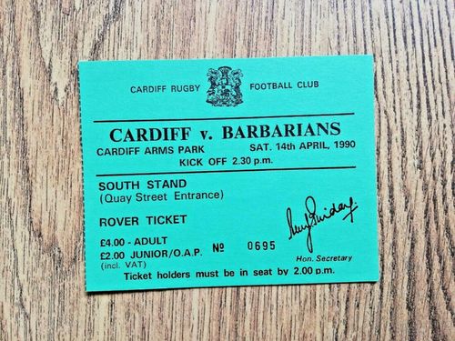 Cardiff v Barbarians 1990 Used Rugby Ticket