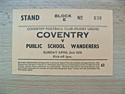 Coventry v Public School Wanderers 1978 Used Rugby Ticket