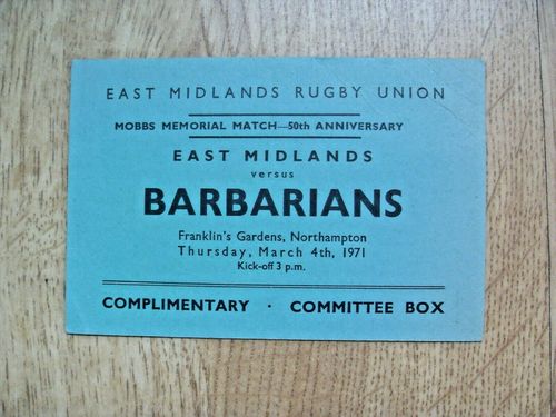 East Midlands v Barbarians 1971 Used Committee Box Rugby Ticket
