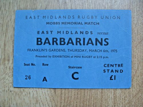 East Midlands v Barbarians 1975 Used Rugby Ticket
