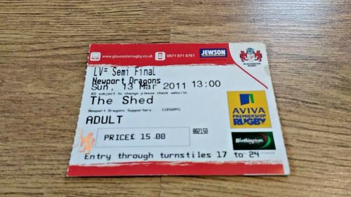 Gloucester v Newport Dragons Mar 2011 LV= Cup Semi-Final Used Rugby Ticket