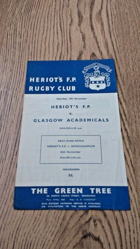 Heriot's FP v Glasgow Academicals November (Pre 1971) Rugby Programme :