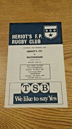 Heriot's FP v Watsonians Feb 1981 Rugby Programme