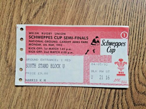 Llanelli v Pontypridd \ Swansea v Newport 1992 Cup S-Final Rugby Ticket