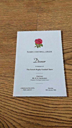 England v France 1993 Rugby Dinner Menu & Guest List
