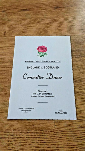 England v Scotland 1993 Committee Rugby Dinner Menu