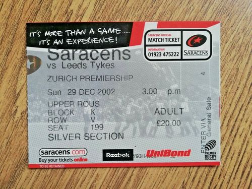 Saracens v Leeds Tykes 2002 Used Rugby Ticket