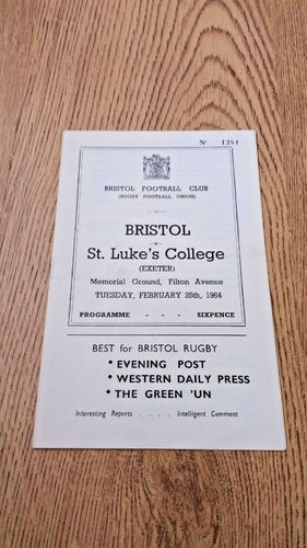 Bristol v St Luke's College Feb 1964 Rugby Programme