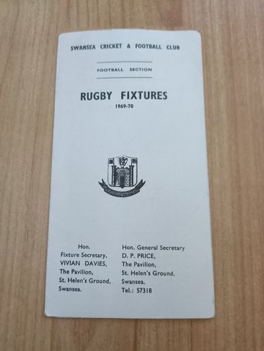 Swansea Rugby Union Club 1969-70 Fixture Card