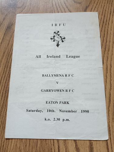 Ballymena v Garryowen Nov 1990 Rugby Programme