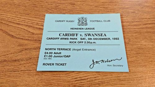 Cardiff v Swansea Dec 1992 Used Rugby Ticket