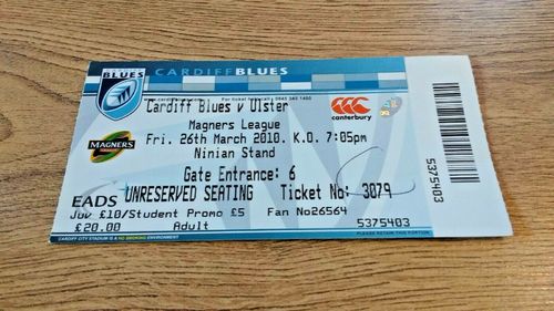 Cardiff Blues v Ulster March 2010 Used Rugby Ticket