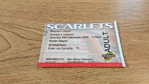 Llanelli Scarlets v Ospreys Dec 2009 Used Rugby Ticket