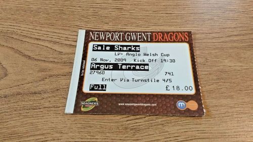 Newport Gwent Dragons v Sale Sharks 2009 LV= Cup Used Rugby Ticket