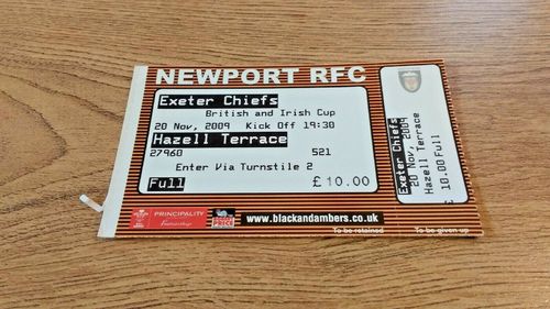 Newport v Exeter Chiefs 2009 B&I Cup Used Rugby Ticket
