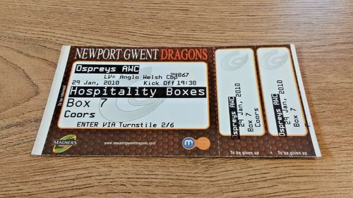 Newport Gwent Dragons v Ospreys 2010 LV= Cup Used Rugby Ticket