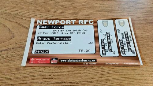 Newport v Gael Force 2010 B&I Cup Used Rugby Ticket