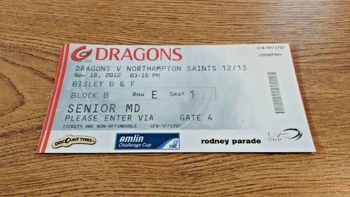 Newport Gwent Dragons v Northampton Saints Nov 2012 Used Rugby Ticket