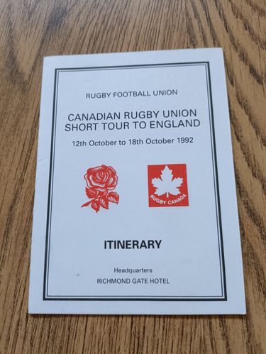 Canada Rugby Tour to England 1992 Itinerary Card