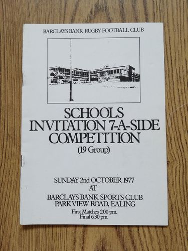 Barclays Bank RFC Schools 1977 Invitation Rugby Sevens Competition Programme