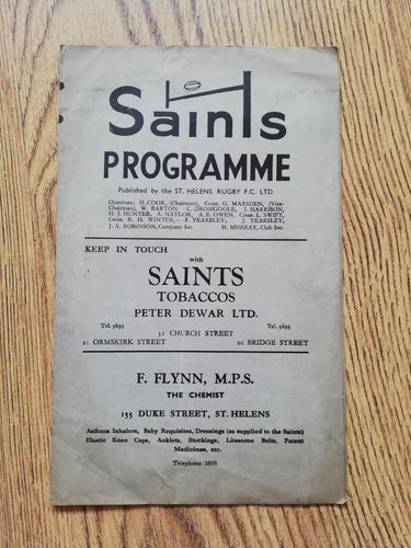 St Helens v Huddersfield Oct 1952 Rugby League Programme